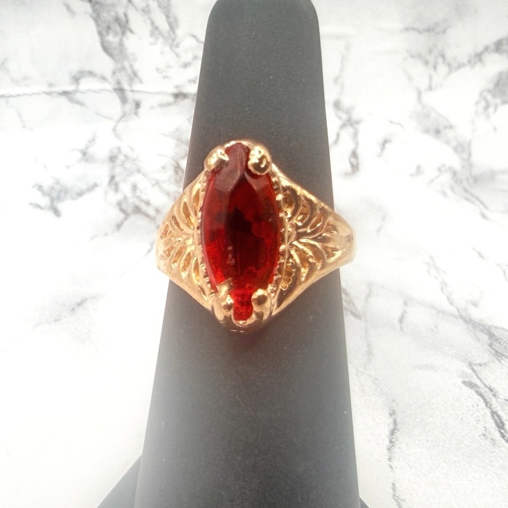 Orange Marquise Glass Stone Ornate Gold Tone Statement Ring Size 5.5